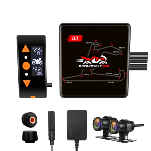 VSYSTO WiFi Motorcycle Dash Cam, OLED Display Wired Controller, Tire Pressure Sensors, Waterproof HD 1080P SONYIMX307 150° Wide Angle Front & Rear Camera DVR, GPS, Parking Monitoring (Black-Q3D)