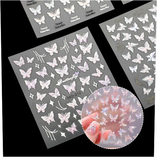 Lusofie 5 Sheets Butterfly Nail Stickers 5D Embossed Aurora Pink Shell Butterfly Nail Decals Holographic Glitter Butterfly Nail Art Stickers for Women & Girls