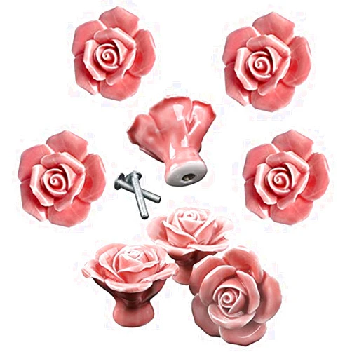 DLD Knobs, 8Pcs Elegant Pink Rose Pulls Flower Ceramic Cabinet Knobs Cupboard Drawer Pull Handles + Scre.