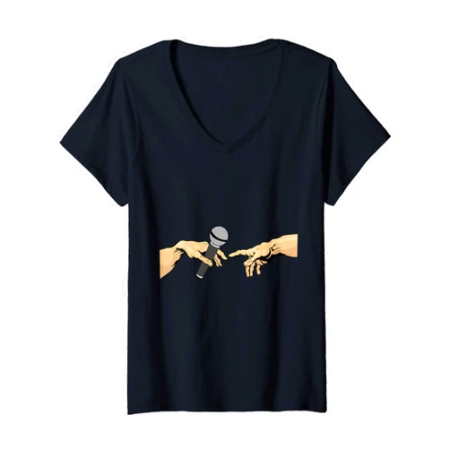 Creation of Adam Michelangelo Presenter Host Womens Creation of Adam Michelangelo Microphone Moderator Art V-Neck T-Shirt