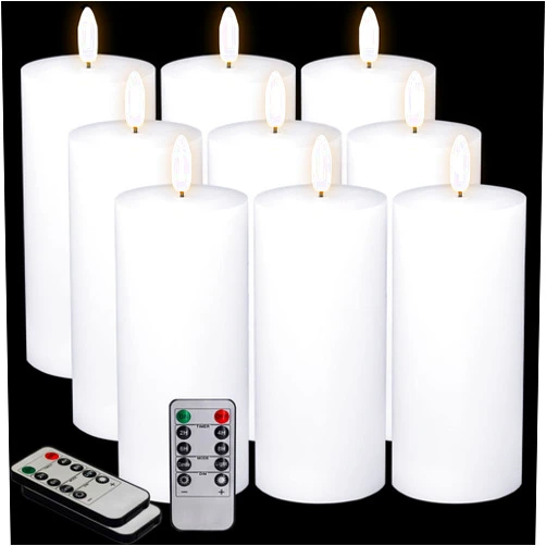 Oleitodh 9 Pcs White Flameless Candles Flat Top LED Candles with Remote Timer, Pillar Flameless Candle Bulk Flickering Battery Operated Candle for Wedding Festival Outdoor Home Decor D 3'' H 6''