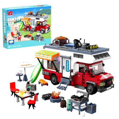 TGL TYCOLE TYCOLE City Camper Van Building Set-Beach Camping Themed Construction Toy Kit with Mini Accessories&Lights, RV Car Model Compatible with Legos, Christmas Birthday Gift for Adults and Kids 6+(880 pcs)