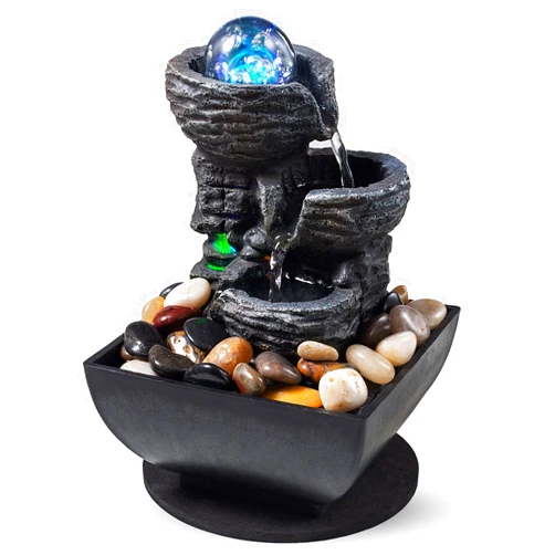 AMOOTEK Tabletop Fountain Indoor Waterfall Meditation Fountain Like Layers of Rock Desktop Water Feature Includes Many Natural River Rock LED Lights Rolling Decorative Bubble Balls