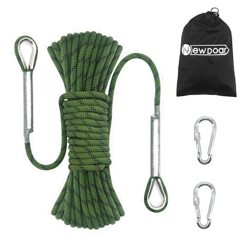 NewDoar 14KN Static Climbing Rope 8mm(5/16in) Accessory Cord Equipment 33FT(10M) 66FT(20M) 98FT(30M) 165FT(50M) Escape Rope with 2 Carabiners for Ice Climbing Equipment Fire Rescue Rope-Green/10M