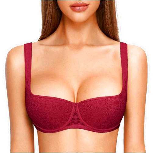 DOBREVA Women's Balconette Bra Sexy Lace Demi Underwire Shelf Plus Size Lightly Padded Wide Straps