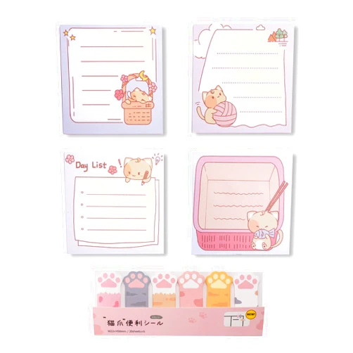 MAHONLIEN 5 Pads Cute Cat Sticky Notes Bookmarks, Kawaii Cat Theme Self-Stick Notes Memo Pad Adhesive Tab Notes Page Markers Flags Index for Office School