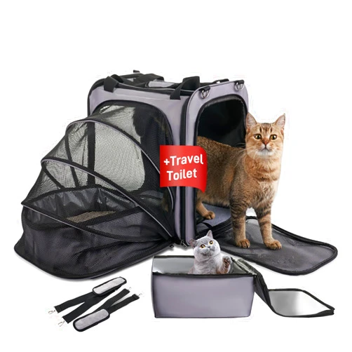 LitaiL Cat Travel Carrier with Litter Box for Car, Expandable Cat Carrier with Leak-Proof Litter Box for Car Travel, up to 20 lb to Road Trip, Camping, or Hotel, Grey