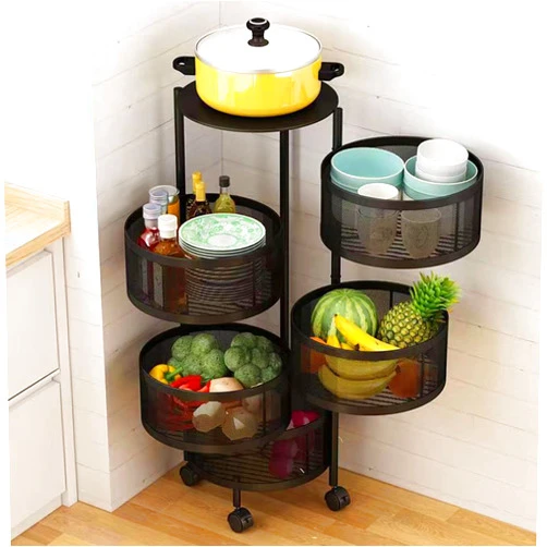 Tulkdexi Kitchen Storage Cart [Perfect Storage Solution],5 Tier Circular Rotating Basket, Large Storage Rack with 360 Degree Wheels, Fruit Vegetable Metal Wire Shelf with Top Lid for Living Room, of