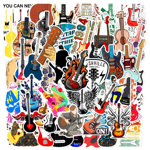 MAQIYI 50 Pcs Cute Guitar Music Stickers for Water Bottles Funny Laptop Luggage Computer Scrapbooking Teens Adults Aesthetic Waterproof Sticker Small Vinyl Decals (Guitar)