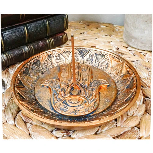 Ebros Gift Sacred Symbol Amulet Hand of God Hamsa Palm Facing Up with Evil Eye Round Incense Stick Holder Burner Figurine 5