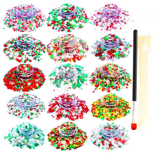 SUPGIFT Glitter SUPGIFT 15 Colors 130g Holographic Christmas Snowflake Tree Heart Star Pentagram Chunky Cosmetic Laser Sequins for Makeup Hair Body Nail Art Slime Craft Resin with Brush 5 Spoons
