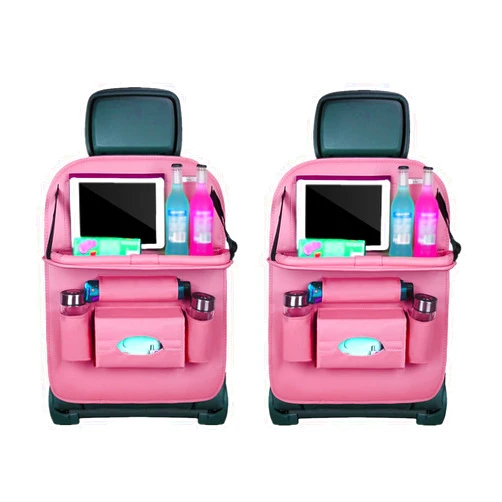 BWGHBH Car Seat Back Organizer with Foldable Table Tray PU Leather Storage Organizer with Pockets Kick Mats Seat Protectors Interior Accessories For Men Women Travel 2PCS Pink