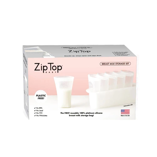 Zip Top Reusable 100% Platinum Silicone Breast Milk Storage, Made in The USA - Bag Set of 6 + Freezer Tray