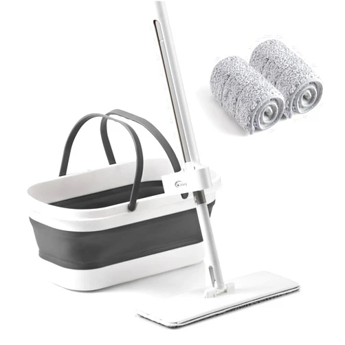 oshang Flat Mop and Collapsible Bucket OG7, Mop and Bucket for Floor Cleaning, Foldable Bucket with Wheels, 2 Washable & Reusable Microfiber Pads
