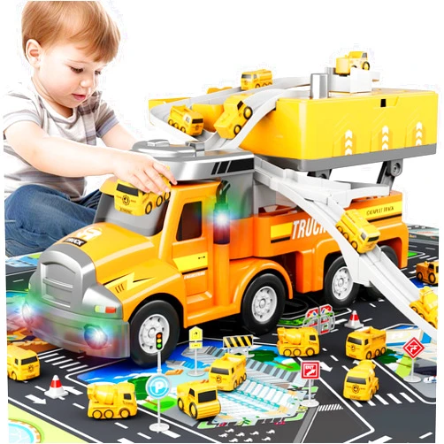 Dwi Dowellin Construction Truck for Kids Ages 3-5, Truck Transport Car with 4 Mini Vehicles & Playmat,Truck Toys with Light and Music,Toddlers Toys Gift for 3-4 Year Old Boy and Girl (Yellow)