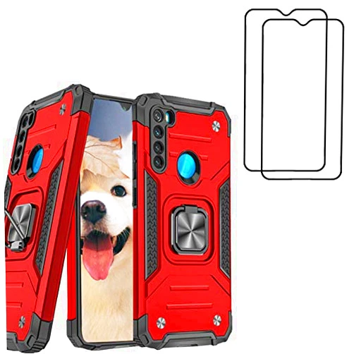 YaHan for Xiaomi Redmi Note 8 Case with Tempered Glass Screen Protector [2 Pack]，Hybrid Heavy Duty 360 Degree Rotating Ring Kickstand Dual Layer Shockproof Defender Hard Back Case Cover,Red