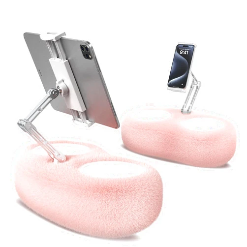 Sufeasdf Tablet Pillow Stand,Pillow Phone Holder for Reading in Bed,Compatible with 4.7”-13” Kindles, Phones, Tablets,360° Adjustable Tablet Stand Holder with Two Snack Bowl and Soft Plush Fabric (Pink)