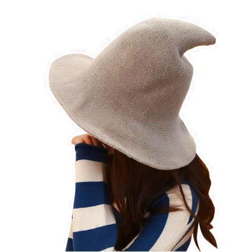 Pordsioc PLENMOR Modern Witch Hat, Felt Witch Hat Foldable Candy Colored Wool Knit Witch Hat for Halloween Party Cosplay Costume and Daily (Khaki)