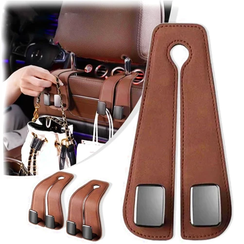 IVYDREVER Car Seat Back Double Hook - Leather Car Seat Headrest Double Hooks, 2 in 1 Car Headrest Hidden Hook, Car Seat Back Multi-Functional Hook Double Hook Storage Car Hook (Brown,1PC)