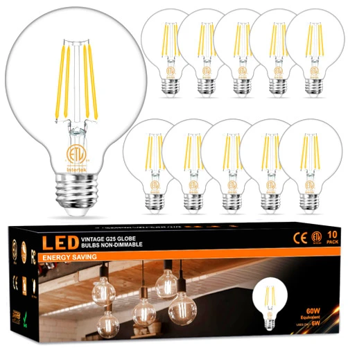 Dekang 10-Pack G25 LED Globe Light Bulbs 3000K Soft White, Vintage E26 Base Edison Light Bulbs 60W Equivalent, 6W Round Light Bulbs with Filament for Bathroom Vanity, Clear Glass, 600LM, Non-dimmable
