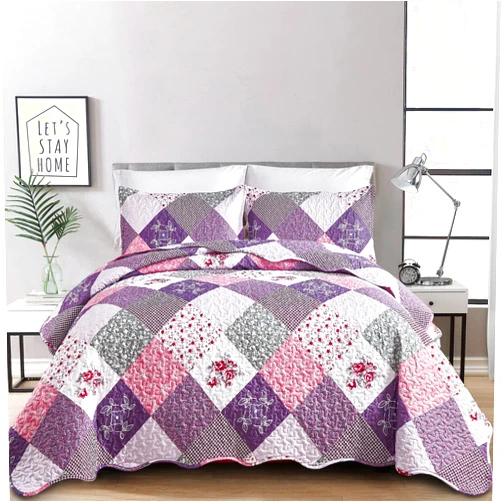 Dinjoy Purple Quilt Set Twin Size, Reversible Floral Plaid Patchwork Pattern Bedding Set Soft Microfiber Lightweight Bedspread 3 Piece Spring Summer Fall Use (68x86 inches)