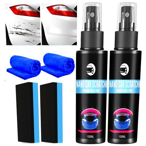 TPTAL Car Scratch Repair Spray,Nano Car Scratch Remover for Deep Scratches,3 in 1 High Protection Quick Car Coating Spray,Car Scratches Repair Nano Spray (2 Set * 100ml+Towel+Sponge)