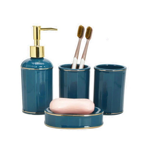 ADAVAS.Y&G Ceramic Bathroom Accessories Set,Lotion Dispenser, Soap Dish, Toothbrush Holder,Tumbler 4pc Bathroom Set, Modern Bathroom Décor, Gift for Home-Navy Blue with Gold Edge