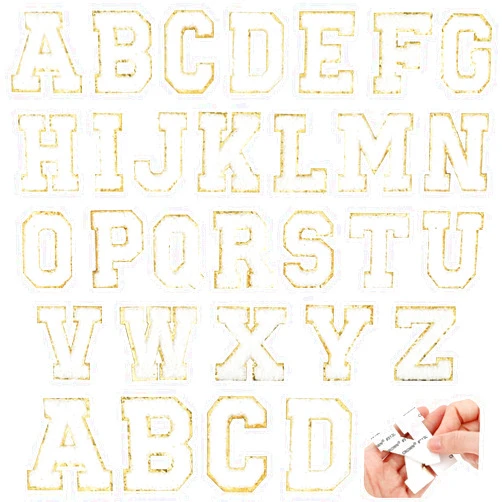 Teaaha 26 PCS Iron on Letters for Fabric, Chenille Letter Patches 2 Inch A-Z Glitter Letter Iron on Patches Chenille Embroidered Alphabet Patches for Clothing Sweatshirt Jackets Hat(White, Gold)