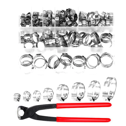 MAQUITA 150Pcs 304 Stainless Steel Single Ear Hose Clamp with Ear Clamp Pincer, 6-23.5mm Crimp Hose Clamp Assortment Kit Cinch Rings Crimp Pinch Tools Perfect for Automotive, Home Appliance Line and Plumbing