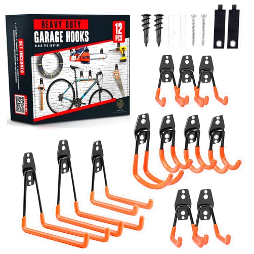 LARITS Garage Hooks for Hanging - 12 Garage Storage Hooks and 2 Cord Straps- 14-Piece Set