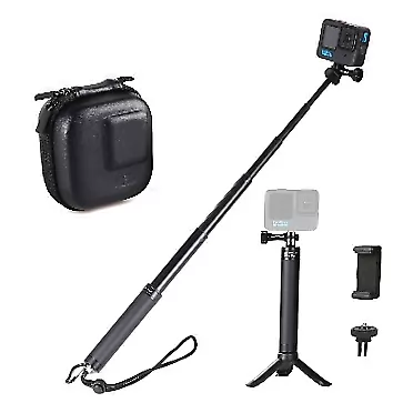 HSU Mini Carrying Case and Extendable Aluminum Selfie Stick Compatible with GoPro Hero 11/10/9/8/7/6/ AKASO/Campark/YI Action Camera and More