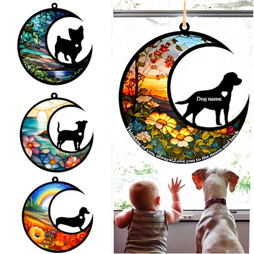 BOXTOHEART Personalized Dog Memorial Suncatcher, Custom Pet Breeds Suncatcher with Name Date, Pet Loss Suncatcher, Stained Glass Style Light Catcher, Dog Memorials & funerary, Gifts for Pet Loss