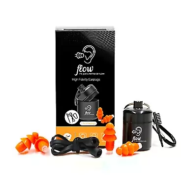 Flow Earplugs Flow High Fidelity Ear Plugs - Noise Cancelling Ear Plugs for Work - Corded Ear Plugs for Swimming - 2 Pairs Pack Silicone Ear Plugs with Case, Carabiner and Cleaning Brush - Ear Plugs for Sleeping