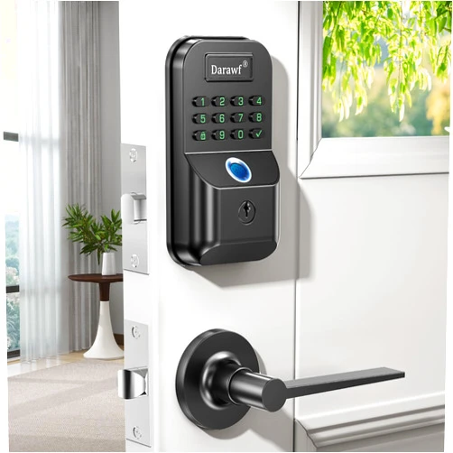 Darawf Fingerprint Door Lock with 2 Lever Handles - Keyless Entry Smart Deadbolt,Electronic Keypad Lock with Auto Lock,Bluetooth,APP Control,Digital Code,Password,Key,Front Door Handle Set,Easy Installation
