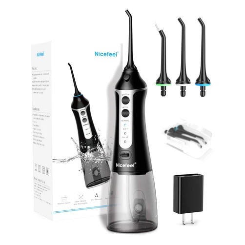 Nicefeel Cordless Water Flosser Teeth Cleaner, Nicefeel 300ML Cleanable Water Tank Water Jet Pik Rechargeable 3 Modes Oral Irrigator with tip case for Oral Care Dark Black