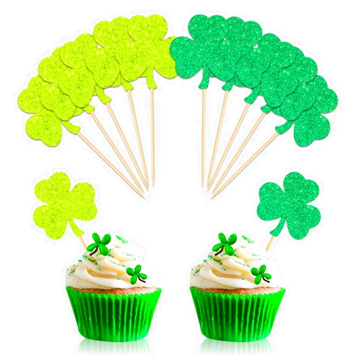 Whaline 48Pcs St Patrick's Day Cupcake Topper with Sticks Glue Point Glittery Shamrock Cupcake Picks Shamrock Toothpick Flags for St Patrick's Day Party Irish Holiday Supplies Cake Decorations