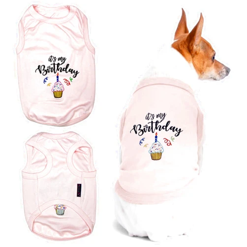 Parisian Pet Dog T-Shirt with Embroidered 'Its My Birthday' - Dog Birthday Girl Shirt - Sleeveless, Lightweight Pet Vest - Pink Dog Clothes for Medium-Sized Dogs M