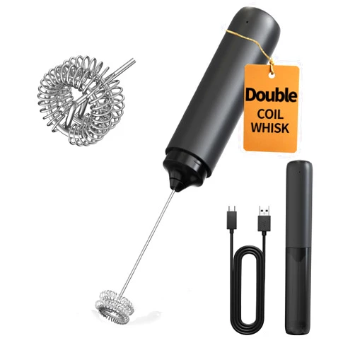CIRCLE JOY Rechargeable Milk Frother Hanheld, Dual Coil Whisk Head Electric Coffee Frother, Portable Hand Frother Wand Drink Mixer for Matcha Lattes Cappuccino, Kitchen Gifts, Black