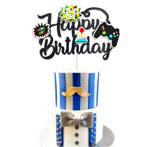 Oarkive Happy Birthday Video Game Cake Topper Glitter Black Gamer Cake Topper Gaming Cake Topper Video Game Controller Party Supplies for Level Up Birthday Decorations Gamer Themed Party Decorations