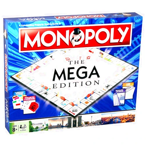 Winning Moves Mega Monopoly Board Game, 12 Extra Spaces Including Downing Street, Saville Row and Knightsbridge, Invest in Skyscrapers, for Ages 8 Plus