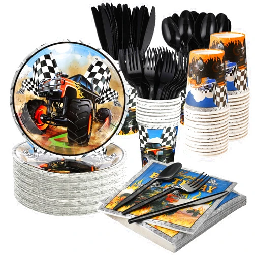 Skybooly 350 Pcs Monster Truck Theme Party Supplies Serves 50 Guests Racing Car Birthday Decorations Tableware Set Include Plates Napkins Cup Knives Spoon Fork for Race Car Truck Birthday Party Favors