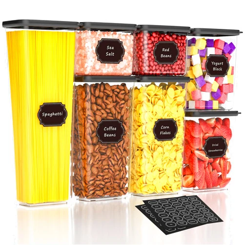 Nifogo Airtight Food Storage Containers with Lids 7 Pack, kitchen Storage Containers, Kitchen and Pantry Organization Set, for Cereal, Flour, Sugar, Pasta, Dry Food, Include 60 Labels
