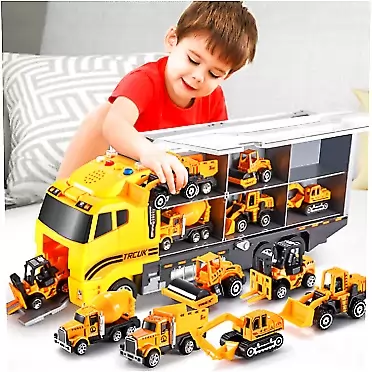 TEMI Toddler Toys for 3 4 5 6 Years Old Boys, Die-cast Construction Toys Car Carrier Vehicle Toy Set w/ Play Mat, Kids Toys Truck Alloy Metal Car Toys Set for Age 3-9 Toddlers Kids Boys & Girls Construction Truck