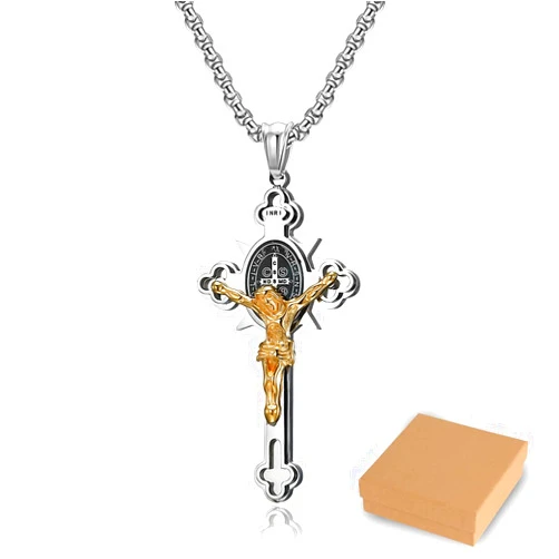 Kcsznk ST.Benedict Protection Cross Power Pendant Necklace, Religion Stainless Steel Crucifix Pendant Necklace Jewelry Gifts for Women Men with Gift Box