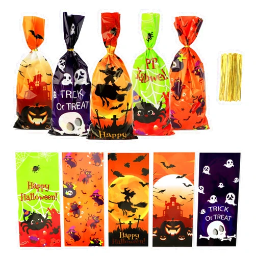 Leislam Halloween Treat Bags, Halloween Cellophane Treat Bags, 50 PCS Halloween Candy Bags, Halloween Cello Cookie Goodies Gift Bags with 50pcs Ties for Halloween Trick or Treat Party Favors Supplies, 5 Style