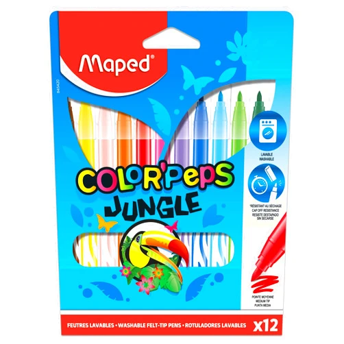 Maped Color'Peps Jungle Fine Tip Washable Markers, Assorted Colors, Pack of 12 (845420)