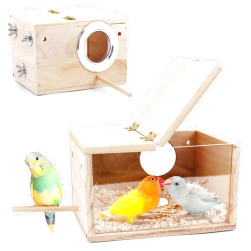 Tierecare Parakeet Nesting Box - Visual Wooden Bird Nest Breeding Box - Bird Cage House with Perch for Lovebirds Cockatiel Budgie Finch Parrot