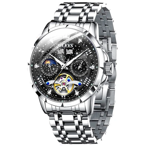 OLEVS Mens Automatic Watches Self-Winding Starry Sky Diamond Skeleton Luxury Wrist Watch Waterproof Luminous
