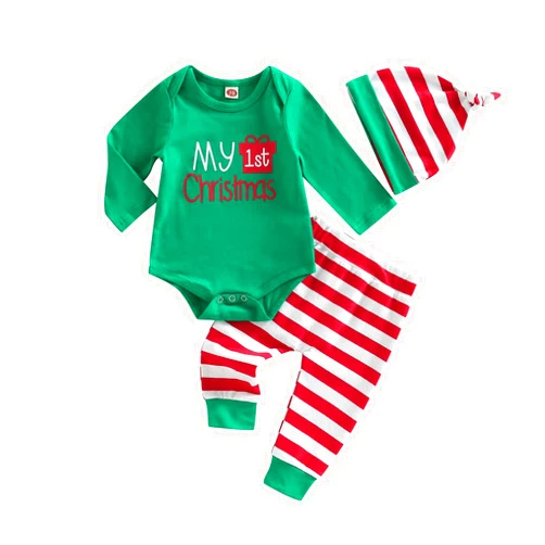FYBITBO My First Christmas Baby Boy Girl Outfits Newborn Long Sleeve Romper Bodysuit Pants Hat 1St Christmas Clothes Set