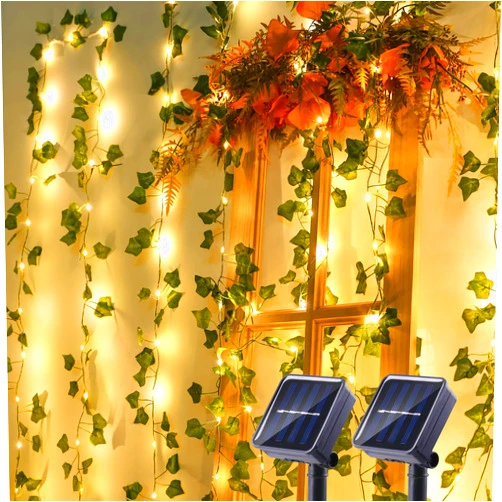 Brizled 2 Pack 33ft 100 LED Solar Fairy Lights with Artificial Ivy Leaves, Solar Plant Vine Lights, Outdoor Vine String Lights, Hanging Ivy Lights for Camping Party Garden Yard Fences Walls Windows
